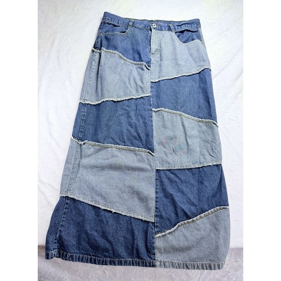 Me And You Dresses & Skirts - Me and You Vintage 90s Patchwork Denim Maxi Skirt L Boho Raw Hem Multi Wash Blue